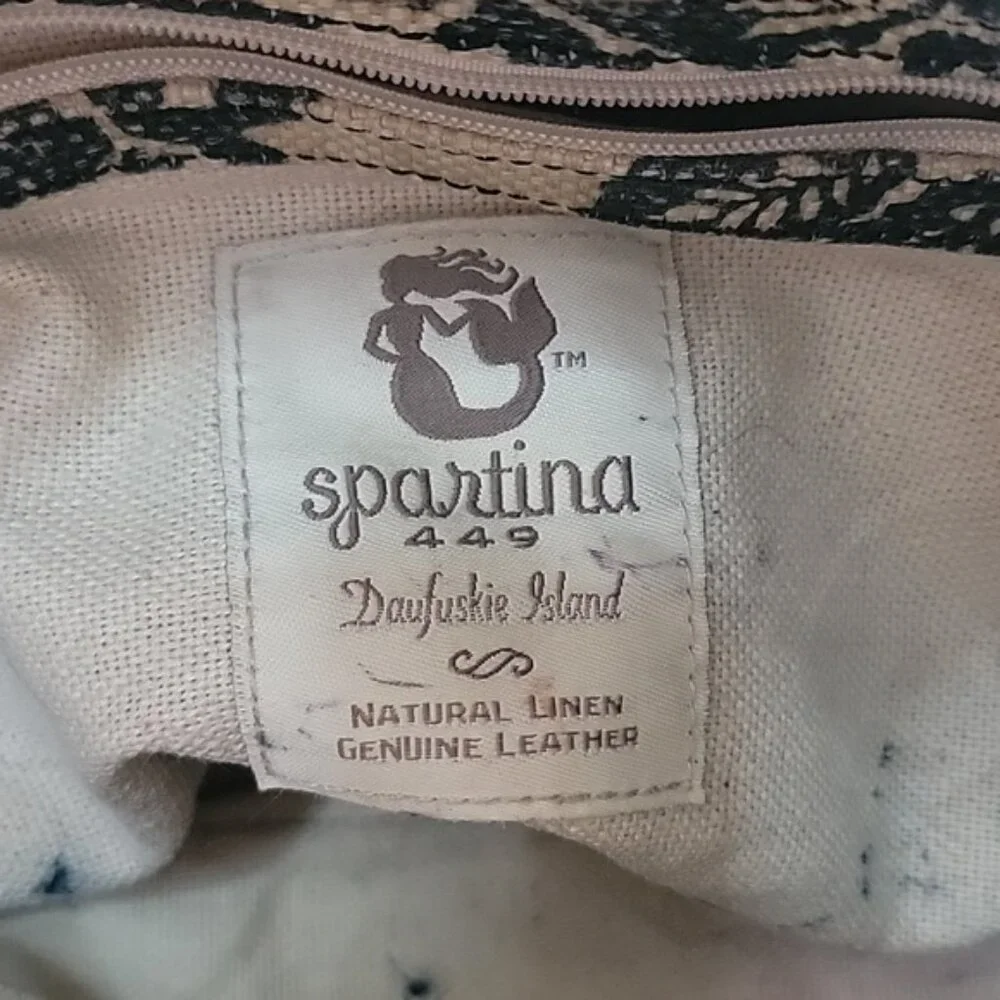 SPARTINA 449 Black Tan Linen Damask Print Single‎ Handle Drawstring Bucket Bag